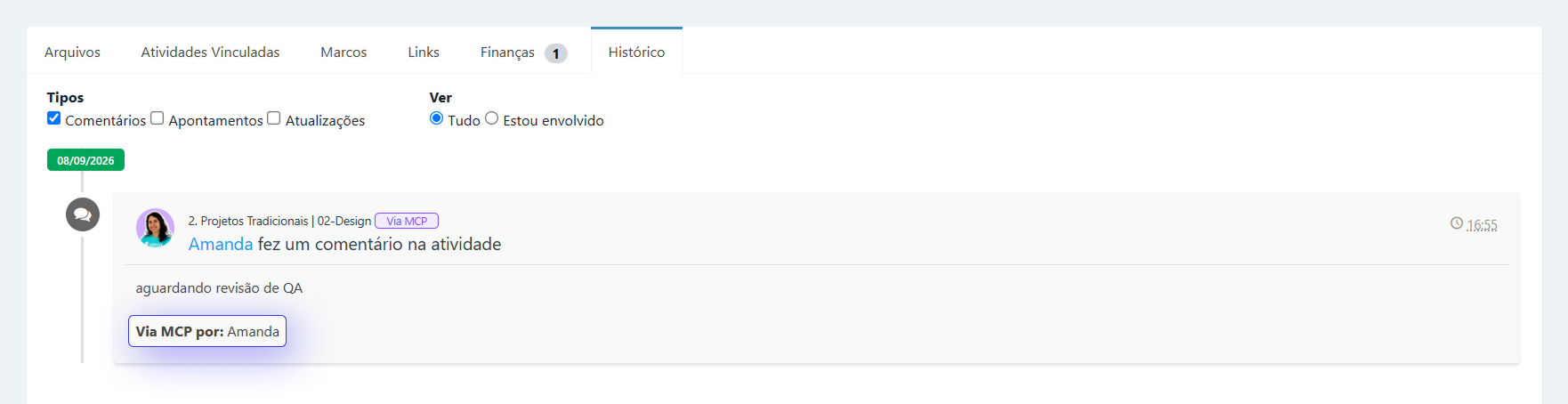 Marcação "via MCP" no histórico de atividades